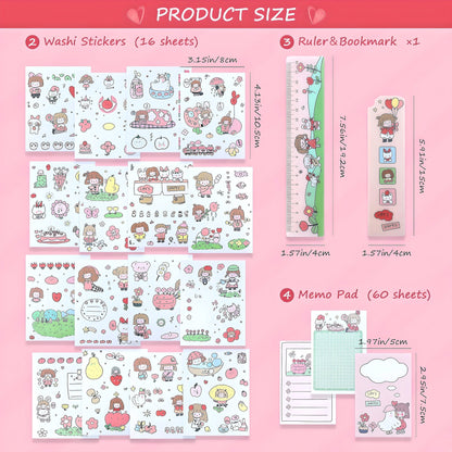 187 Pcs Cute Gift Box, Journal Kit with Notebook, Kawaii Stickers, Washi Tape, Sticky Notes, Novelty Gift for Kids, Birthday Gift for Girls