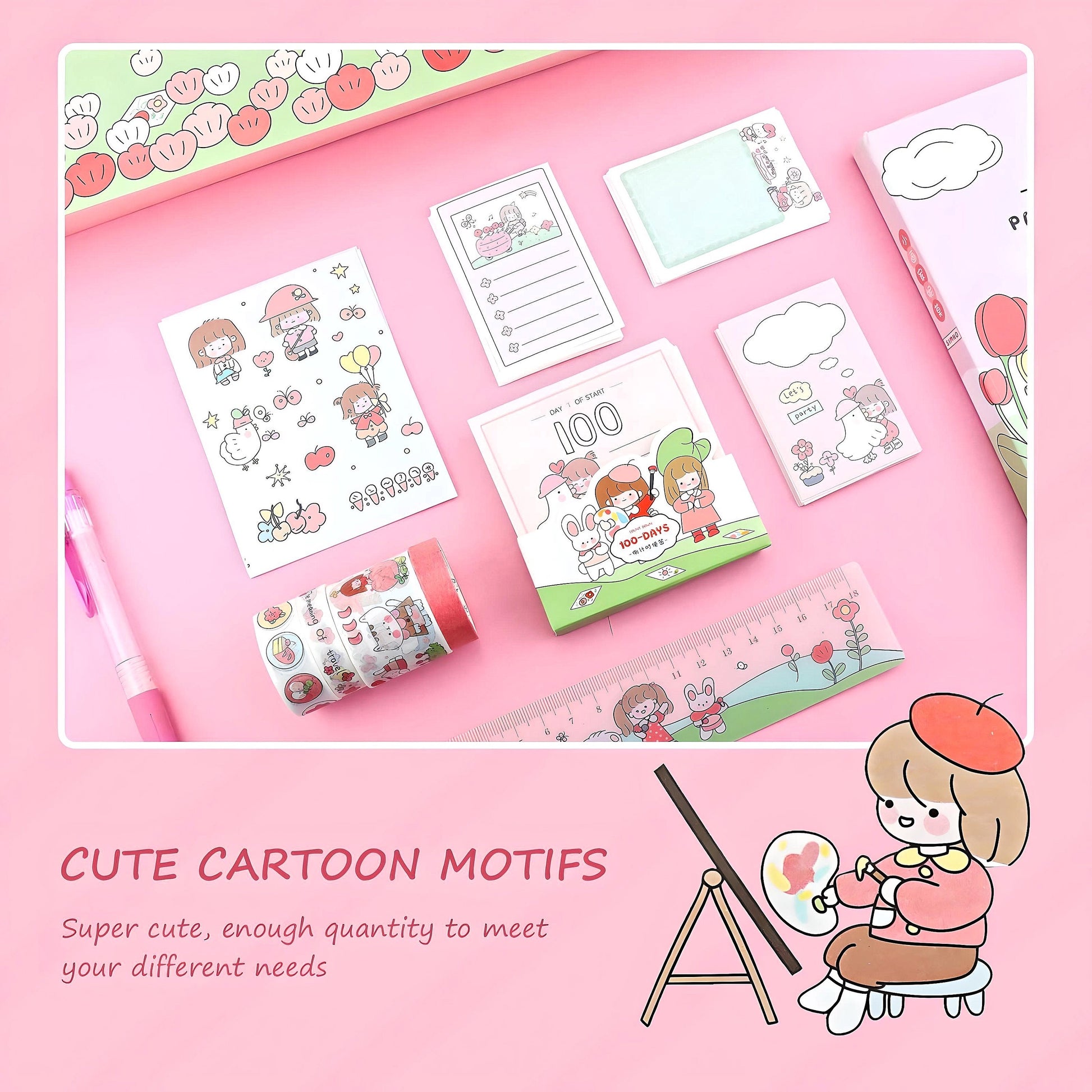 187 Pcs Cute Gift Box, Journal Kit with Notebook, Kawaii Stickers, Washi Tape, Sticky Notes, Novelty Gift for Kids, Birthday Gift for Girls