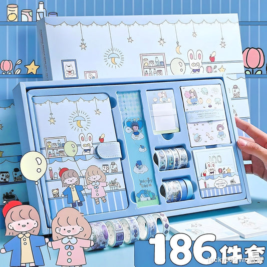 186 Pcs Gift Set Box, Journal Kit with Notebooks, Kawaii Stickers, Washi Tape, Sticky Notes, Novelty Gift for Kids, Birthday Gift for Girls