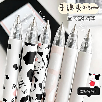 2Pcs Cute Cartoon Cow Pen Cute Neutral Pen Kawaii Kitsch 0.5mm black gel ink clicker pen School Supplies Office Stationery Pen duo
