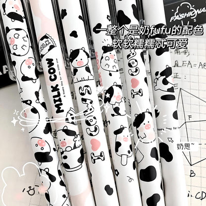 2Pcs Cute Cartoon Cow Pen Cute Neutral Pen Kawaii Kitsch 0.5mm black gel ink clicker pen School Supplies Office Stationery Pen duo