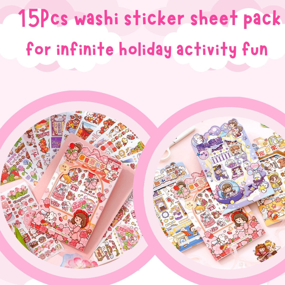 15Pcs Set of Washi Sticker Sheet for Infinite holiday activity fun