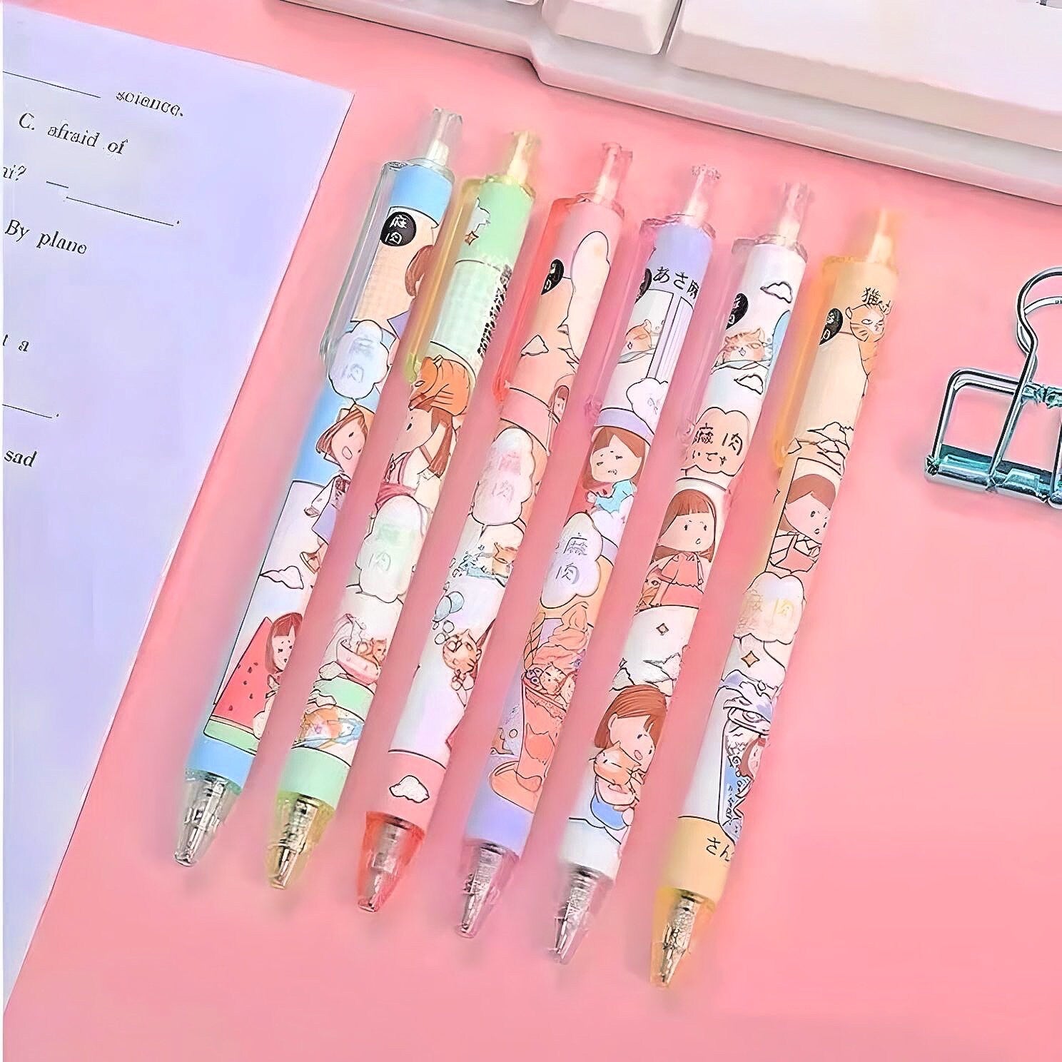 6Pcs Cute Pens Set, Cartoon Girl Kawaii Stationery, 0.5mm black gel ink clicker pen, Kawaii School Supplies, Gift for friends