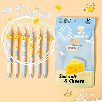 6Pcs Cute Cheese Pens| Cute Neutral Pen| Kawaii Kitsch 0.5mm black gel ink clicker pen| School Supplies Office Stationery Pen Set