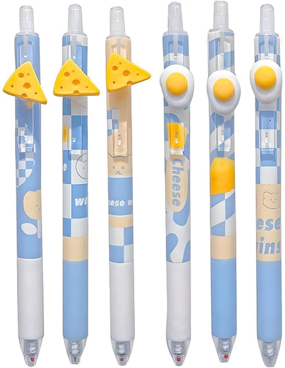 6Pcs Cute Cheese Pens| Cute Neutral Pen| Kawaii Kitsch 0.5mm black gel ink clicker pen| School Supplies Office Stationery Pen Set