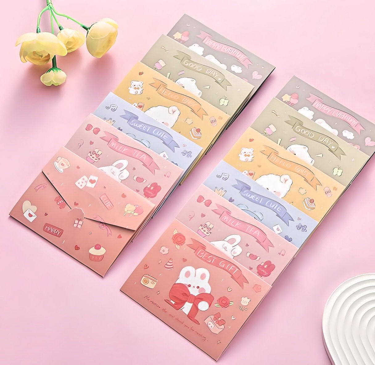 Cute Postcards Set of 4 Cute Kids Greeting Cards Students DIY Bouquet Message Blessing Cards Gift Envelopes Kawaii Stationery for School