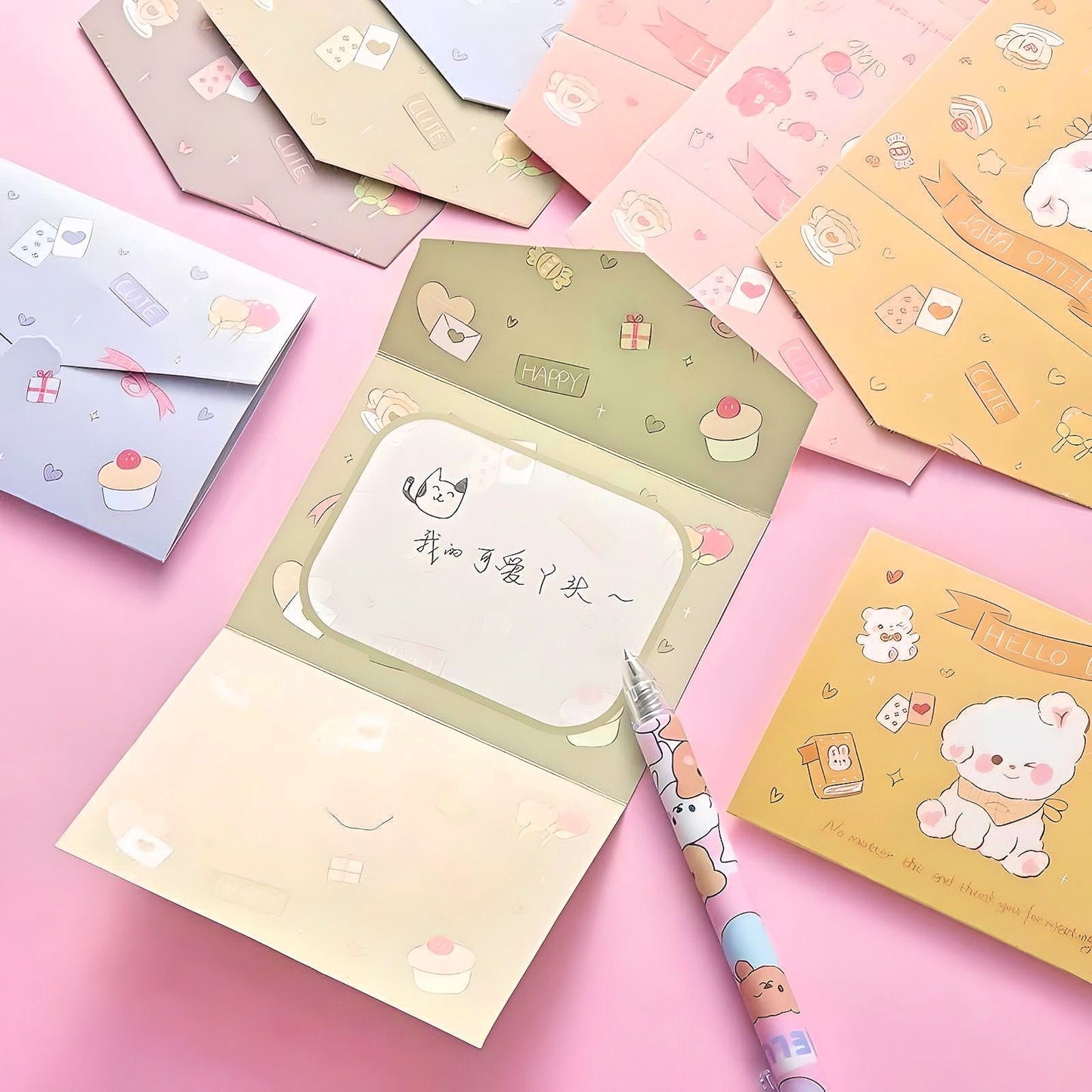 Cute Postcards Set of 4 Cute Kids Greeting Cards Students DIY Bouquet Message Blessing Cards Gift Envelopes Kawaii Stationery for School